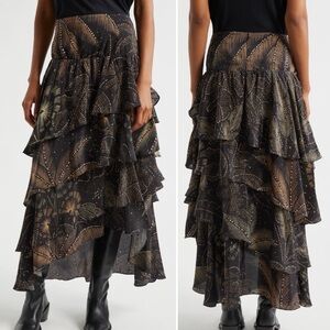 NWT FARM Rio Golden Foliage Layered Ruffle Maxi Skirt size XS